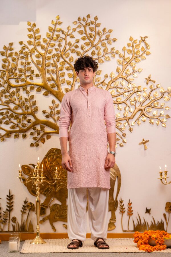 KISAH Mens Pink Embellished Kurta