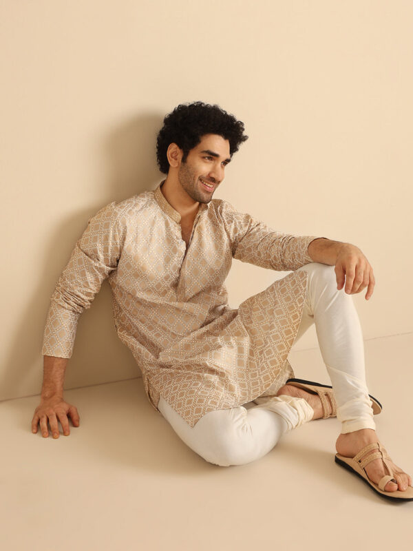 Men Beige & Gold Foil Printed Kurta