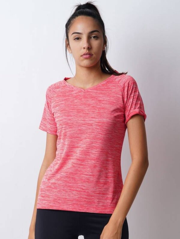 Women Solid V Neck Polyester Pink T-Shirt